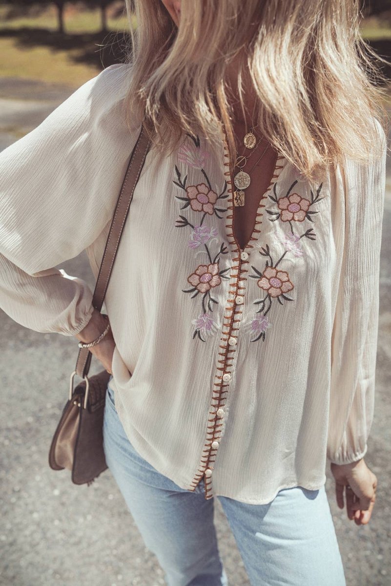 1 the Woman Floral Embroidered Textured Spring Puff Sleeve Loose Shirt Beige - 1TW2555810-P15-S
