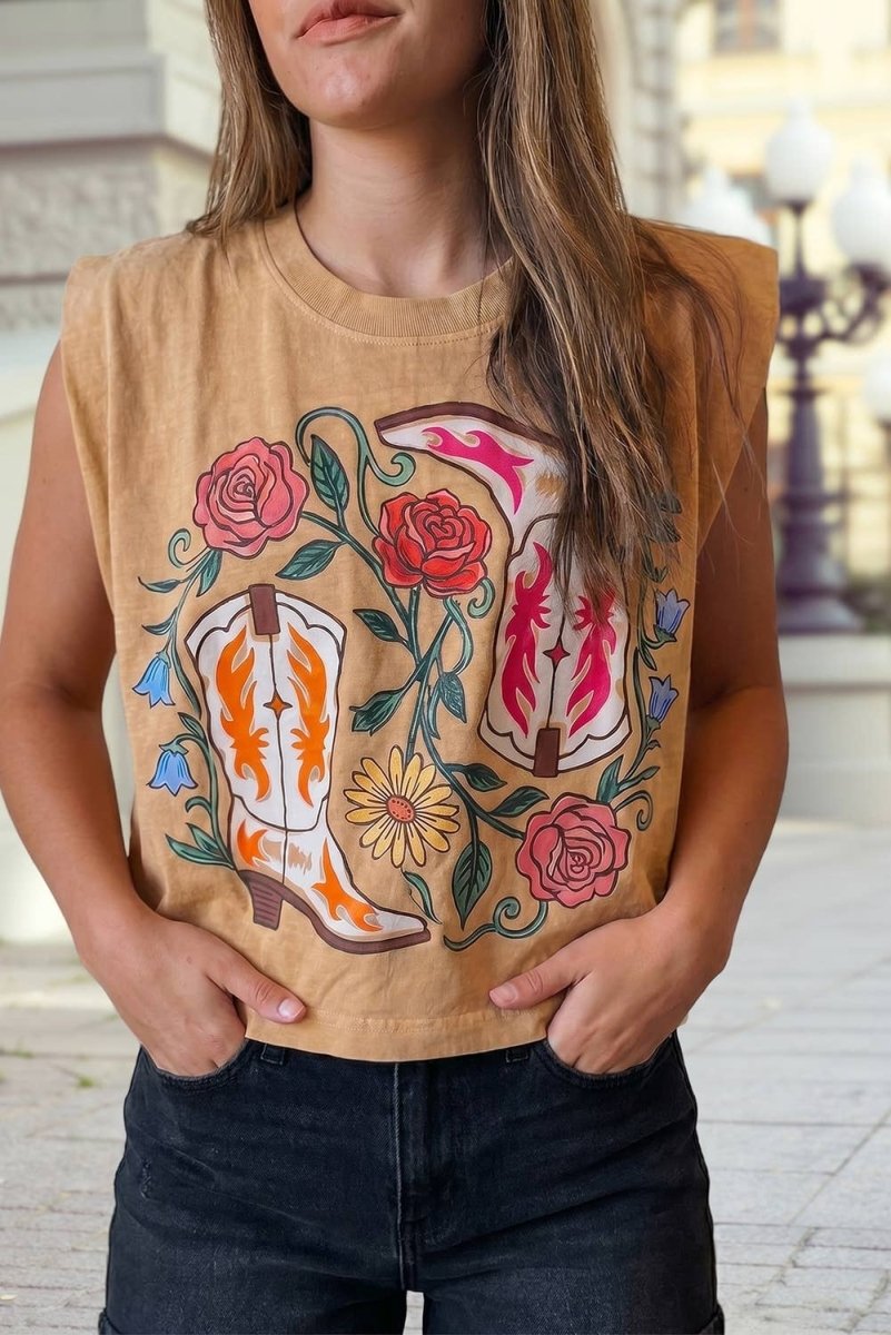 1 The Woman Western Floral Print Sleeveless Round Neck Regular Fit Top - Camel - 1TW25614353-P1016-S