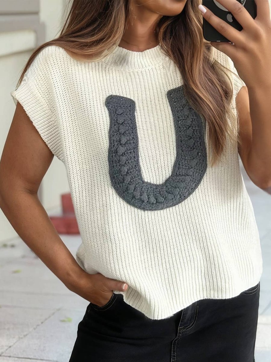 1 the Woman Western Crochet Horseshoe Short Sleeve Knit Sweater White - 1TW2771470-P101-S