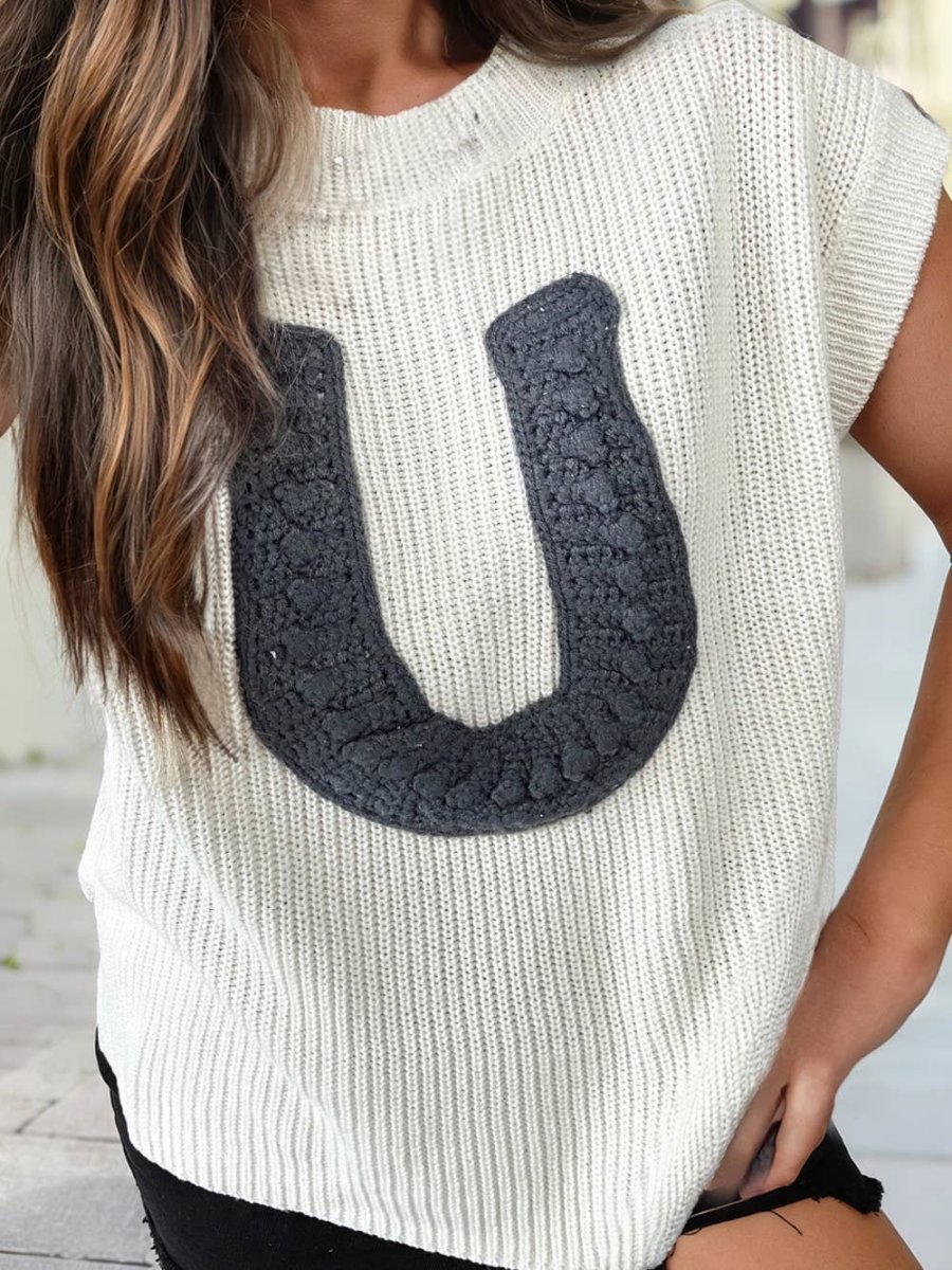 1 the Woman Western Crochet Horseshoe Short Sleeve Knit Sweater White - 1TW2771470-P101-S