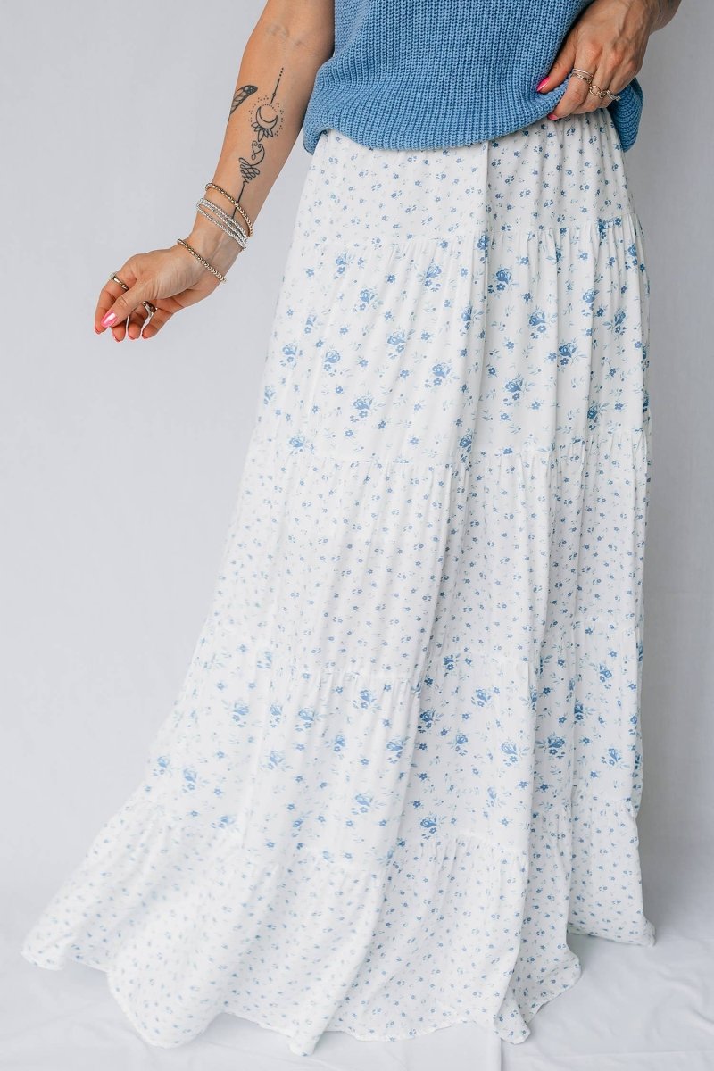 1 the Woman High Waist Tiny Floral Print Boho Maxi Skirt - Sky Blue - 1TW7211577-P420-S
