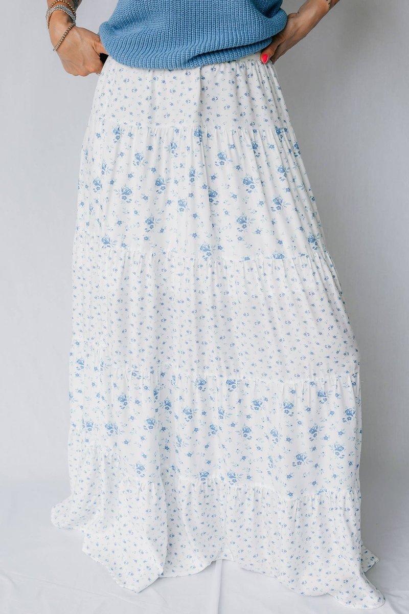 1 the Woman High Waist Tiny Floral Print Boho Maxi Skirt - Sky Blue - 1TW7211577-P420-S