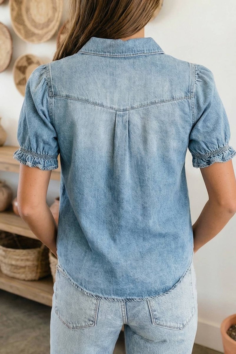 1 the Woman Beau Blue Western Puff Sleeve Denim Button Down Shirt - 1TW7821635-P804-S