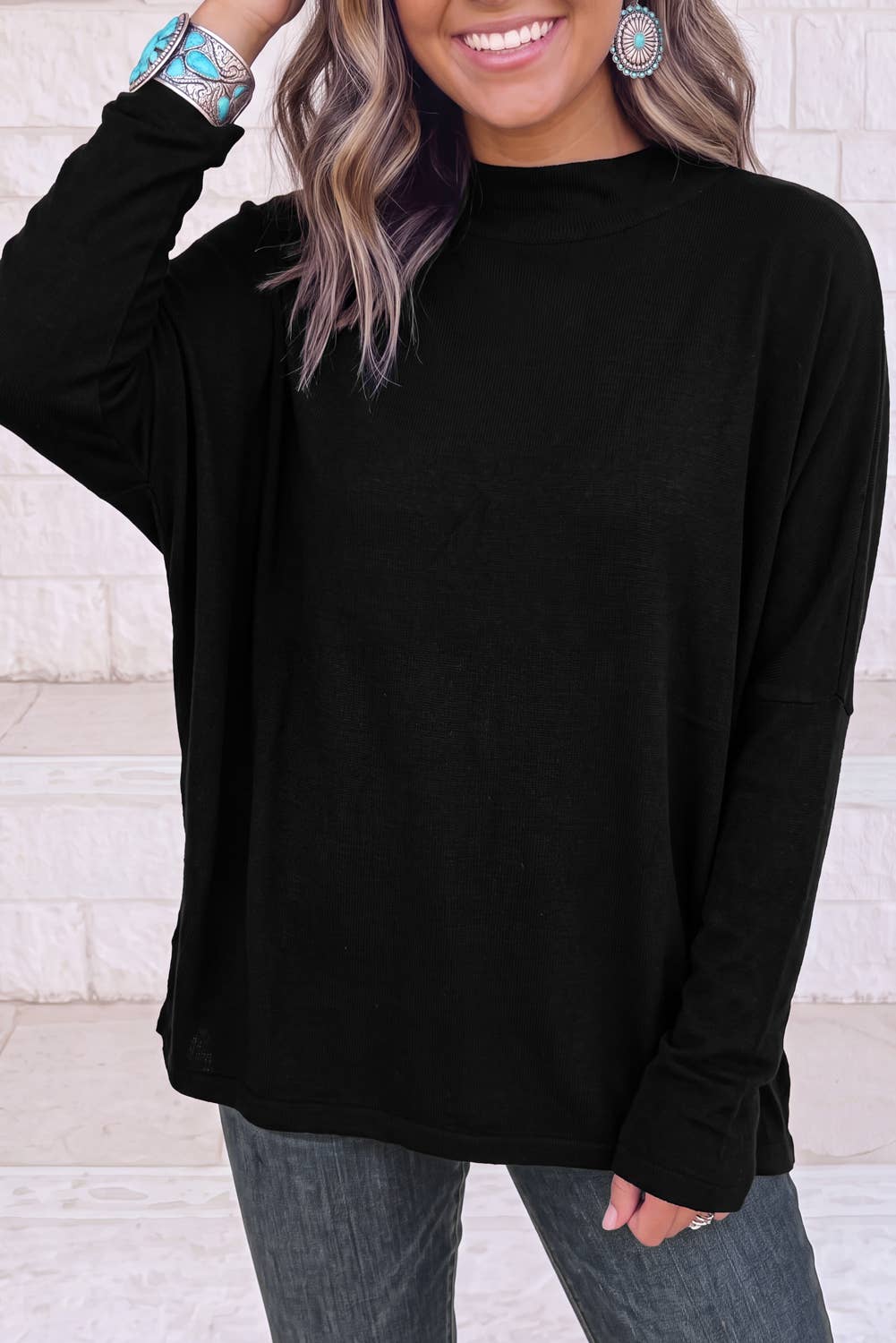 1 the Woman Oversized Mock Neck Long Sleeve Layering Basic Blouse - Black