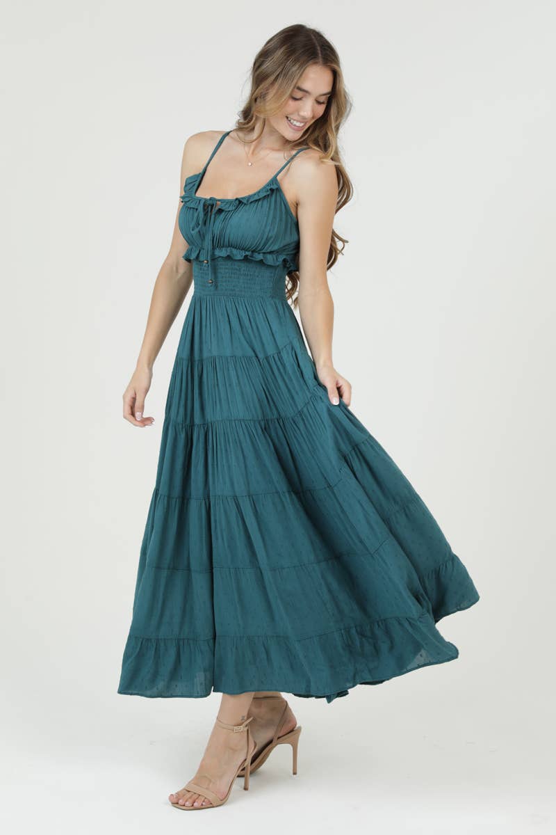 Angie Swiss Dot Ruffle Trim Smocked Waist Tiered Maxi Dress - Dark Sea
