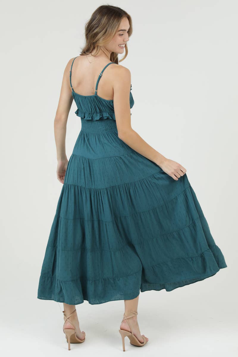 Angie Swiss Dot Ruffle Trim Smocked Waist Tiered Maxi Dress - Dark Sea