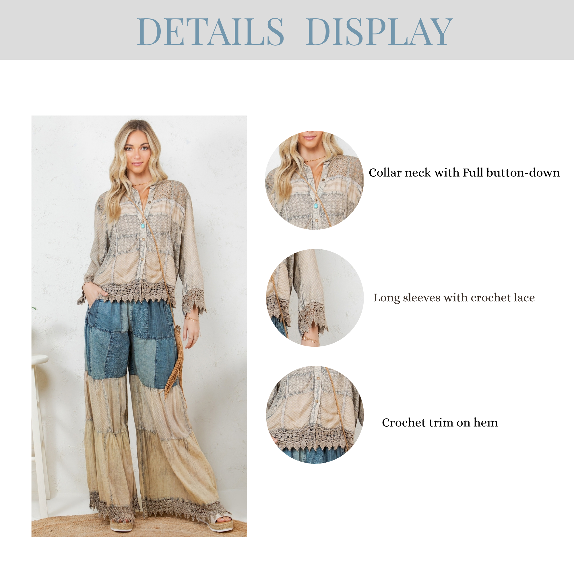 Young Threads Chic Lace Patch Shacket with White Shell Buttons - Latte