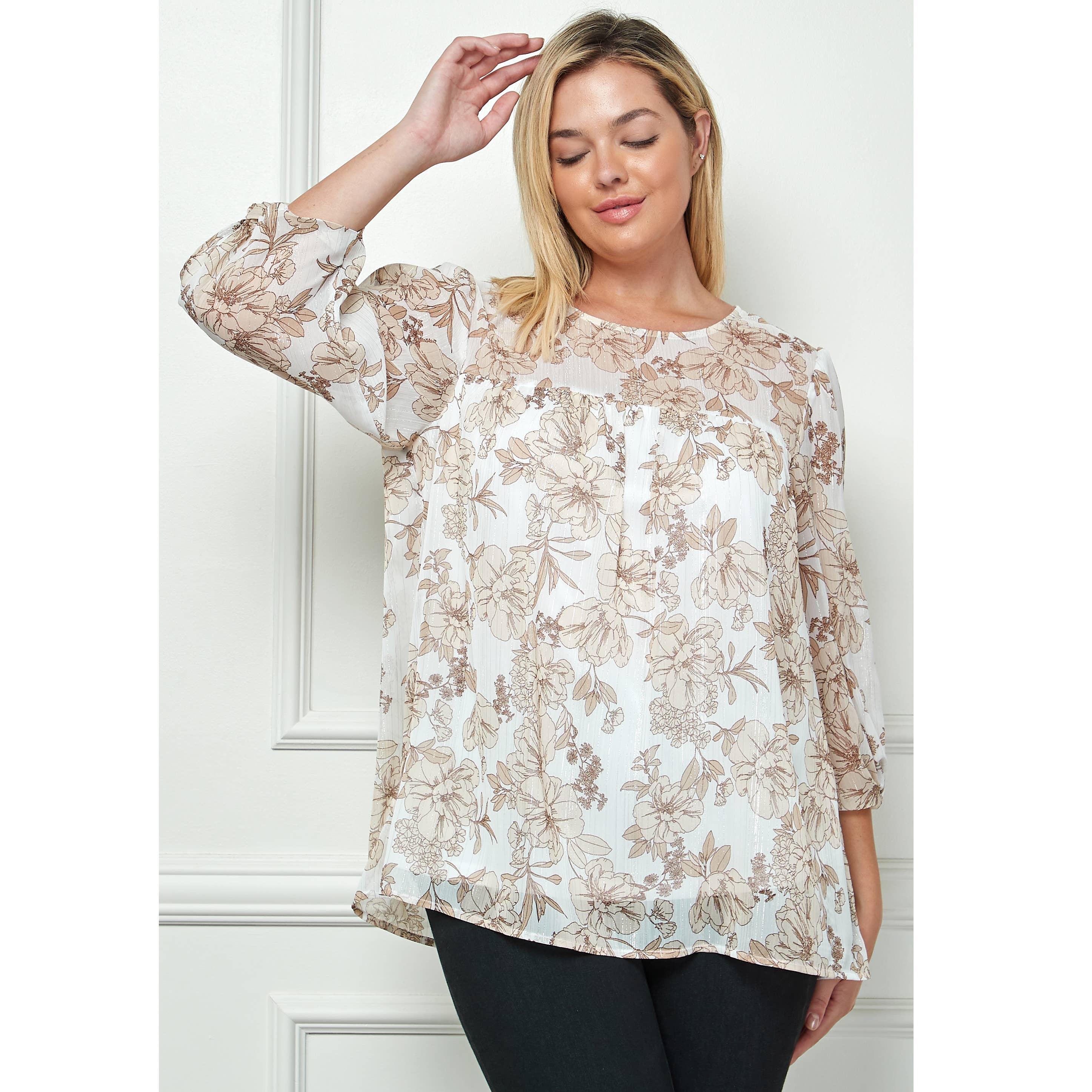 Winslow Collection Plus Size Front and Back Yoke Blouse - Ivory/Khaki/Tan