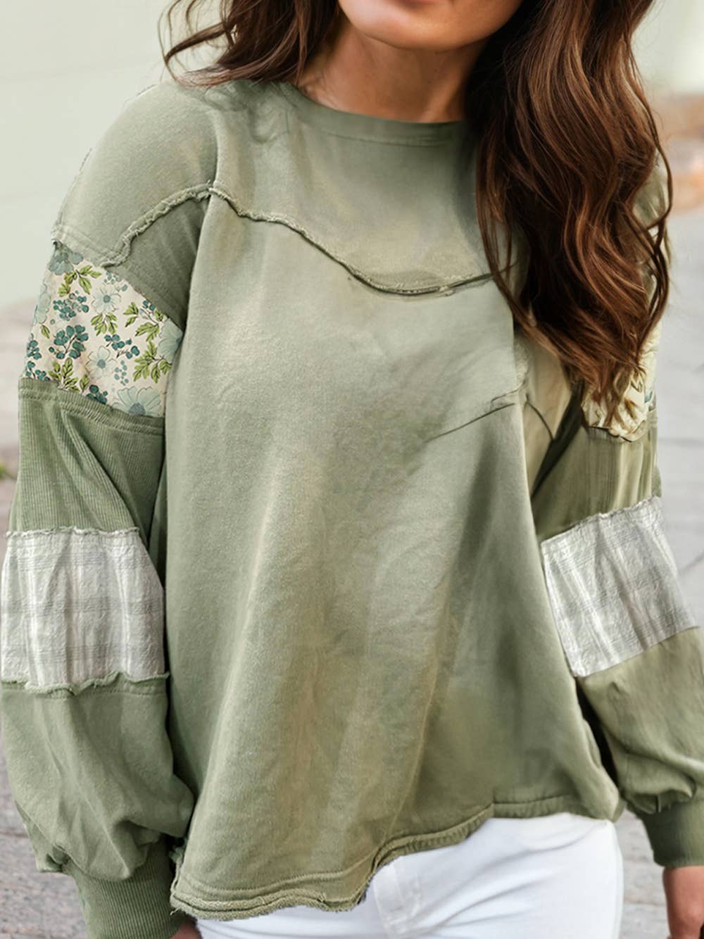 1 the Woman Floral Plaid Mixed Sleeve Raw Edge Relaxed French Terry Top - Laurel Green