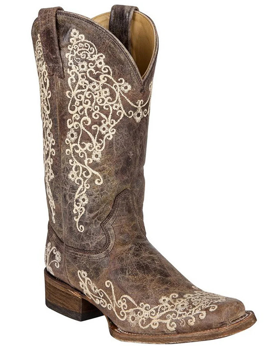 Corral Women's Brown Crater Bone Embroidery Square Toe Western Boot