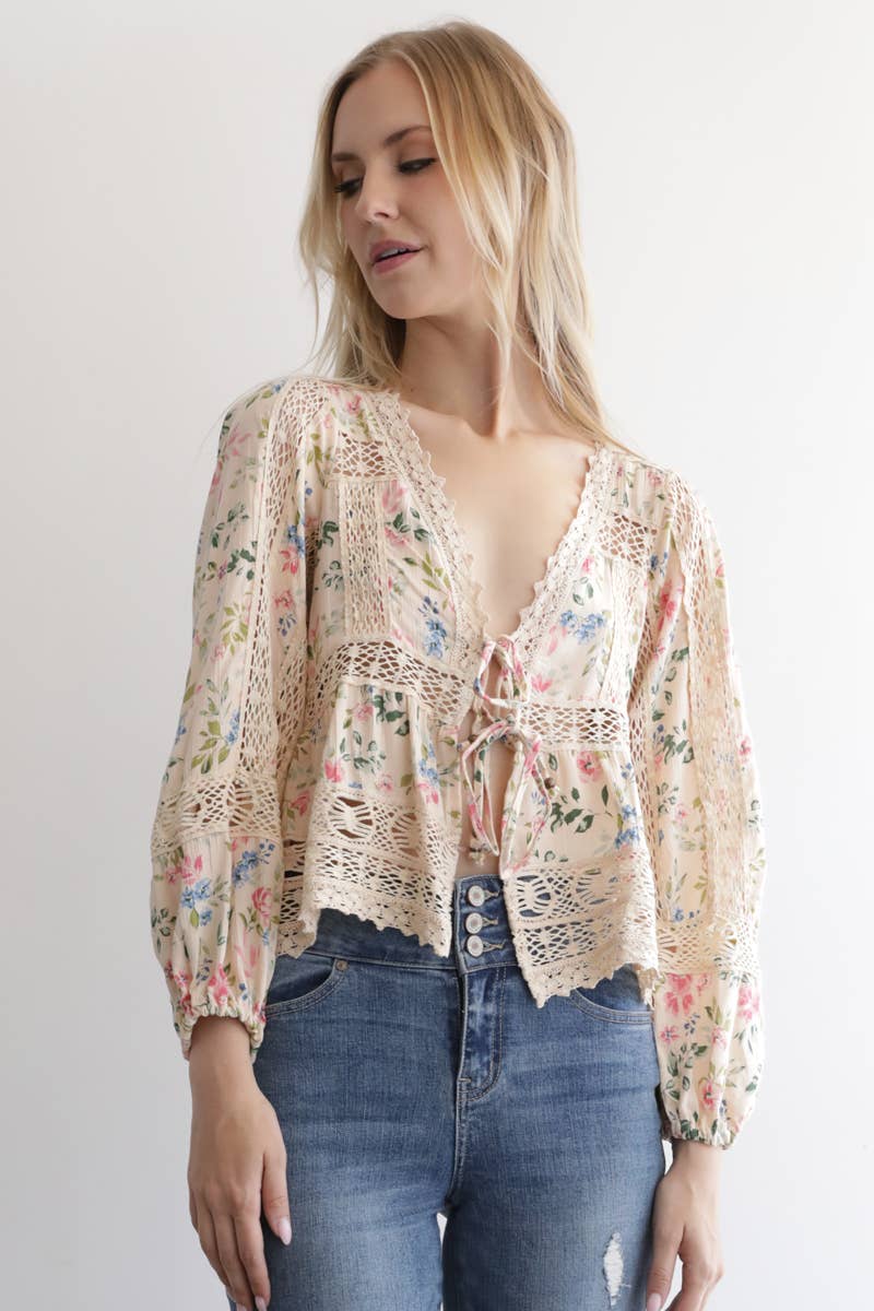 Angie Floral Print Lace Trim Tie Front Top - Sand