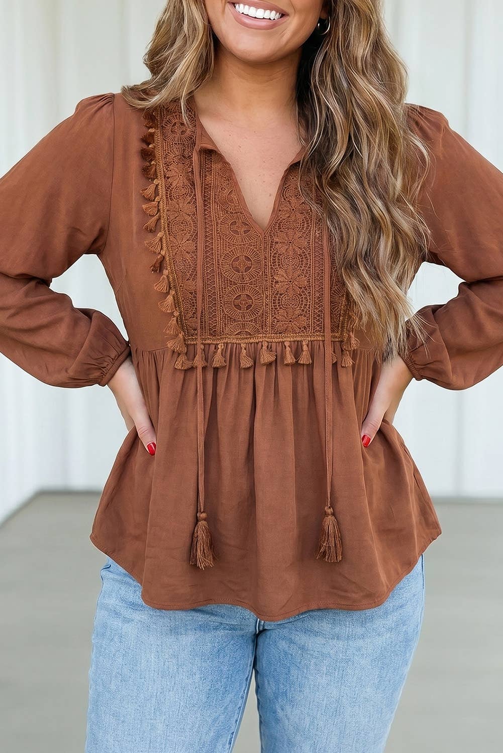 LA Society Las Boho Embroidered Knot Fringe Plus Size Blouse - Chestnut