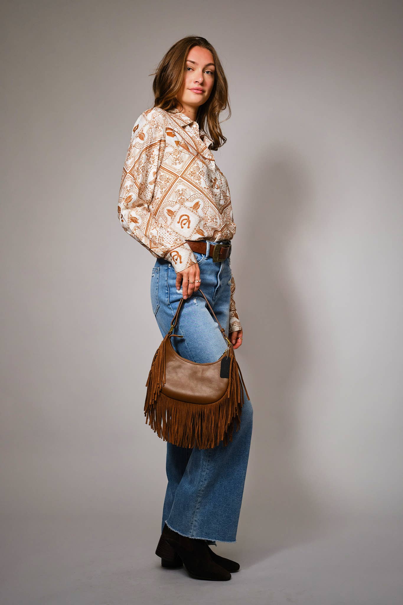 Blue B Western Printed Long Sleeve Button-Up Shirt - Off White Rust