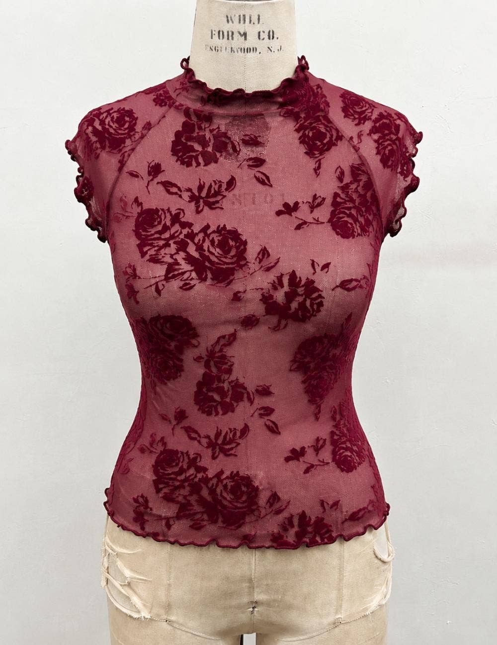 TIMING Floral Flocked Mesh Lettuce Trim Top - Burgundy