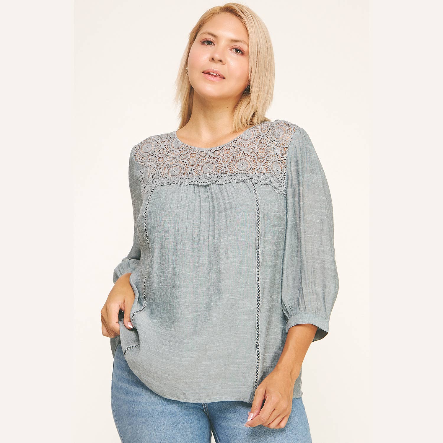 Winslow Collection Plus Size Solid Peasant Blouse w/ Applique Yoke - Denim