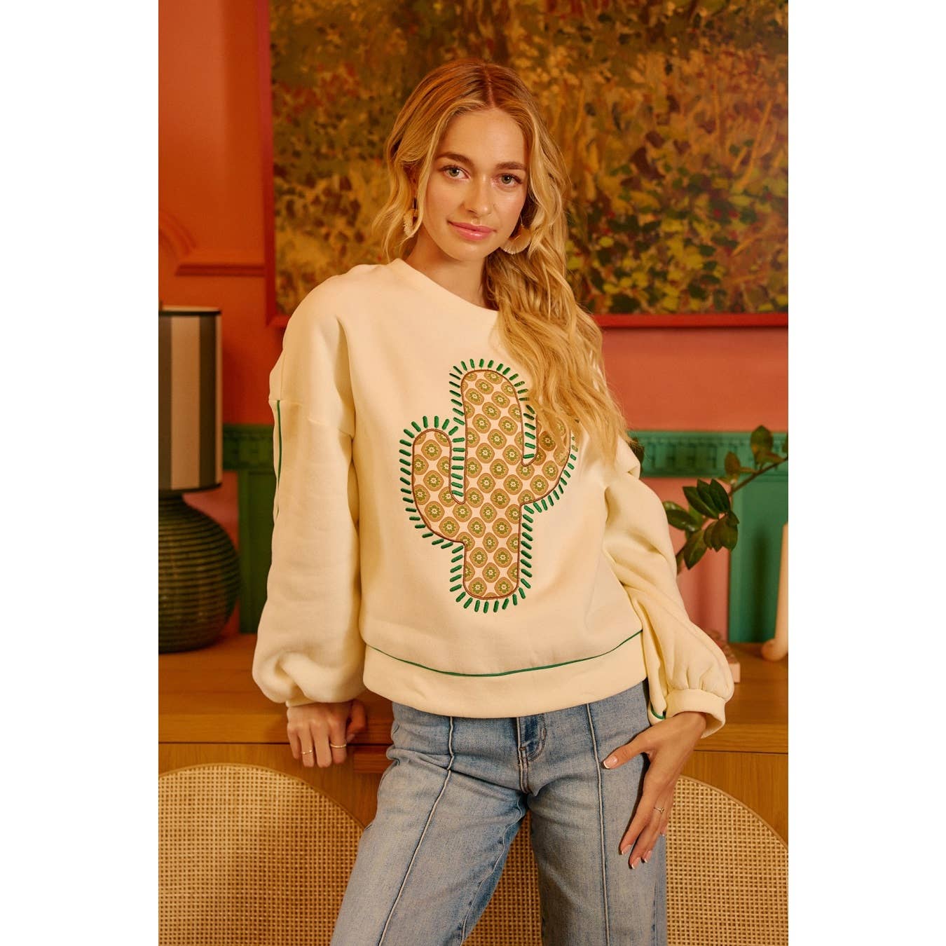 BiBi Cactus Embroidered Fleece Sweatshirt - Cream