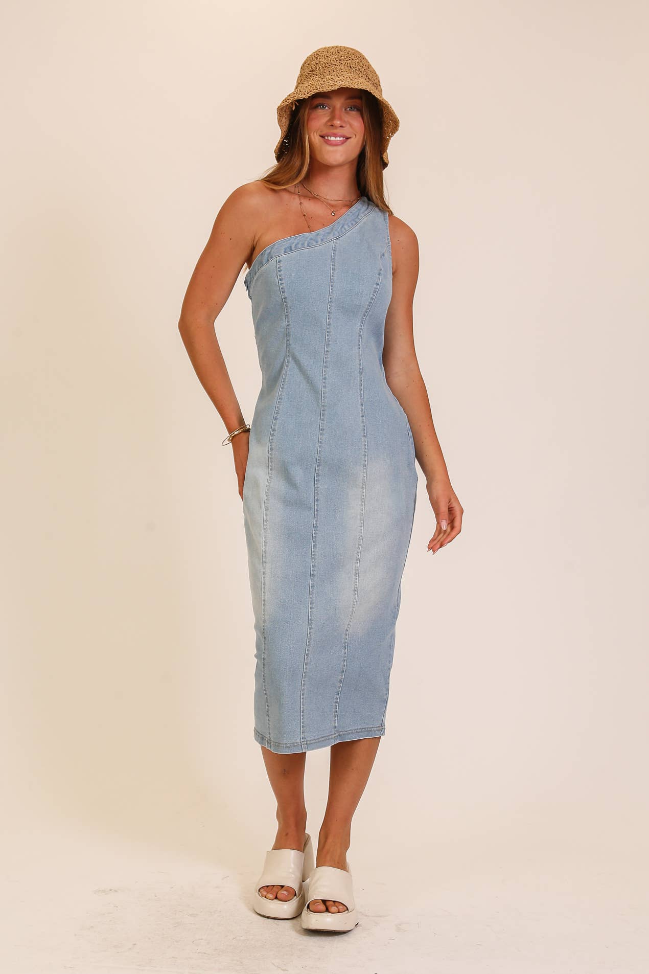 TIMING Stretchy Denim One Shoulder Midi Dress - Light Denim