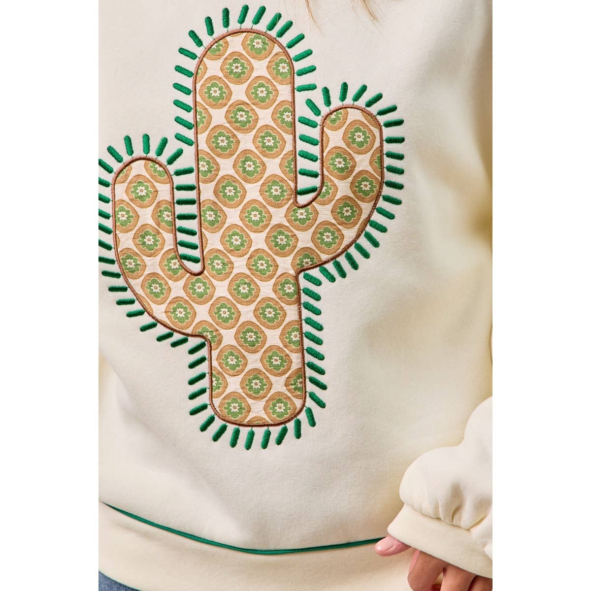 BiBi Cactus Embroidered Fleece Sweatshirt - Cream