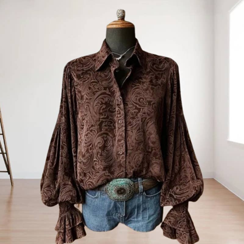 Rosa Clothing Boho Chic Floral Blouse Vintage Button-Up with Bell Sleeves - Dark Brown