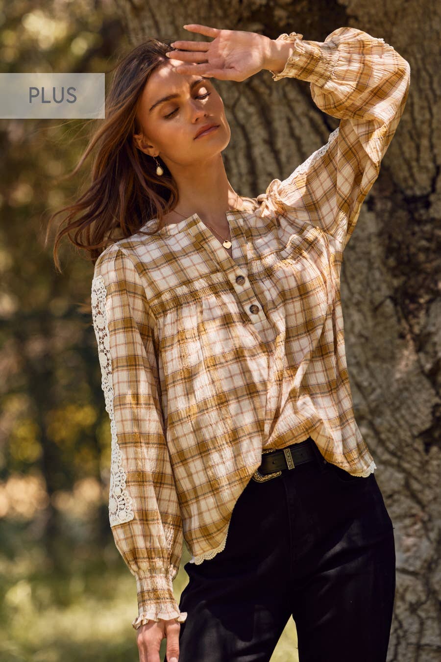 Oddi Plus Lace & Plaid Combo Long Sleeve Blouse - Sage Multi
