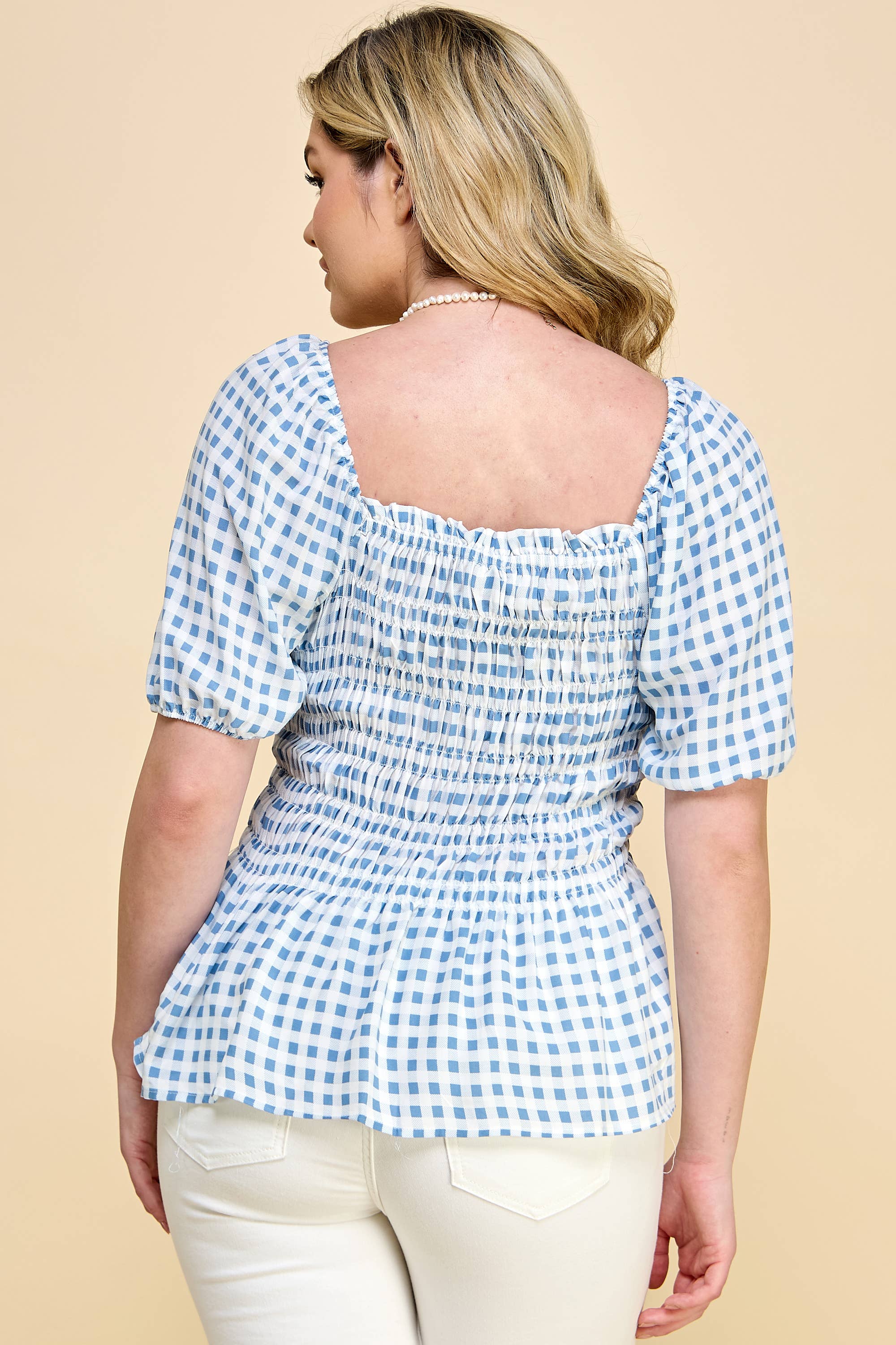 Winslow Collection Plus Size Puff Sleeve Smock Baby Doll Top - Ivory/Denim