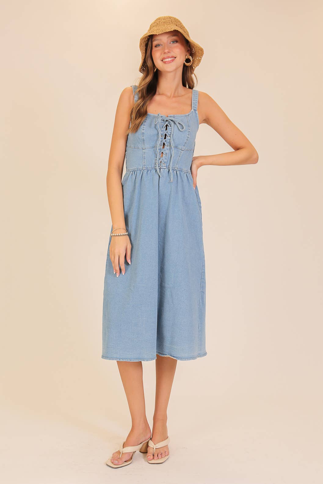 TIMING Lace-Up Front Stretch Denim Midi Dress - Light Denim