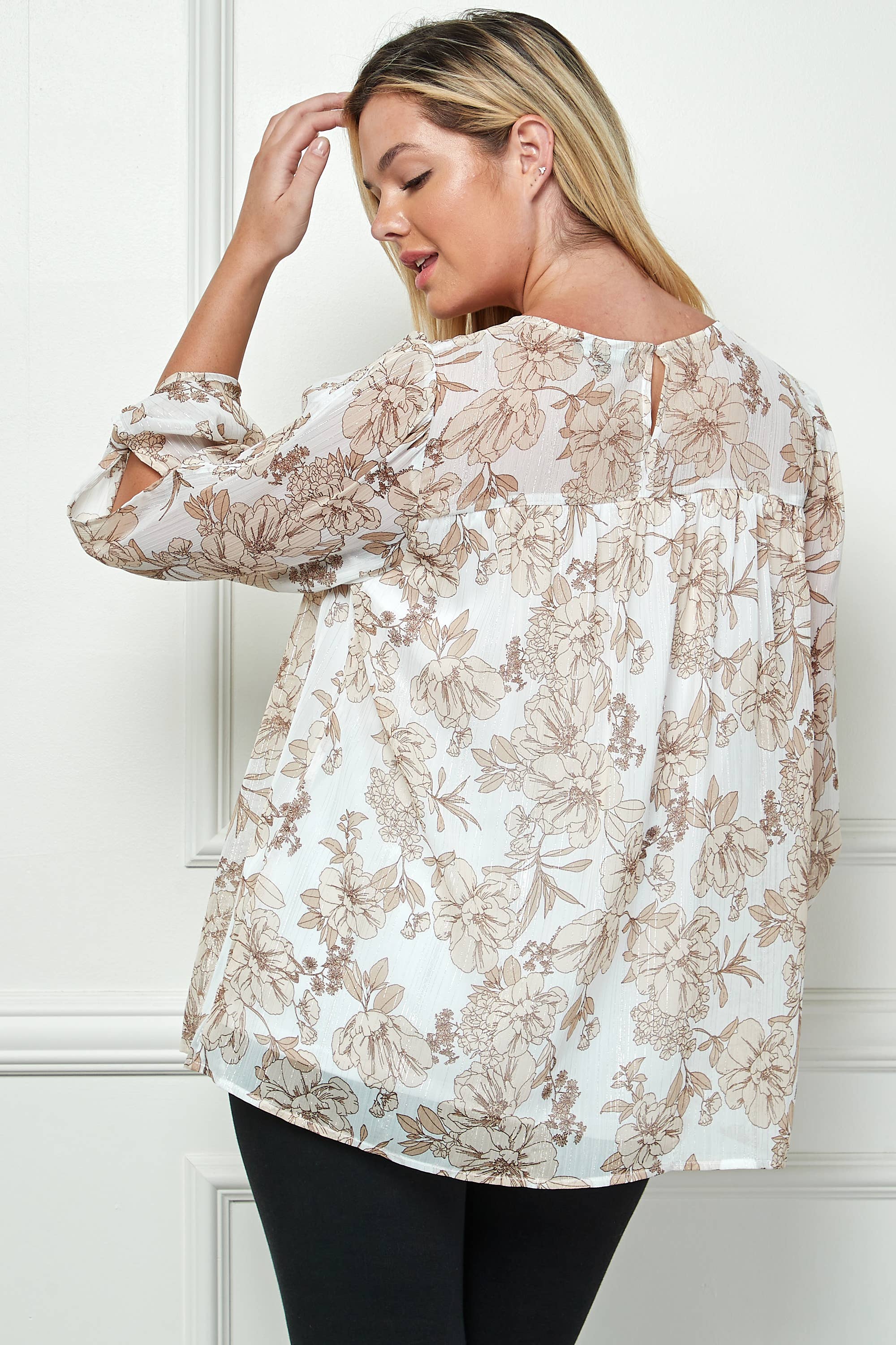 Winslow Collection Plus Size Front and Back Yoke Blouse - Ivory/Khaki/Tan