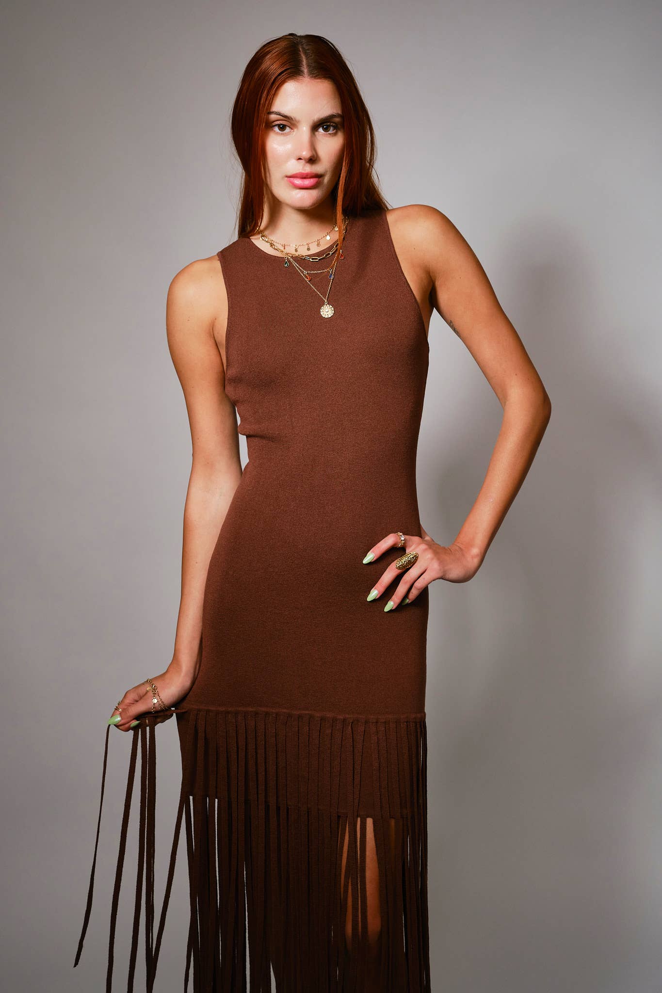 Blue B Fringe Hem Knit Maxi Dress - Dark Brown