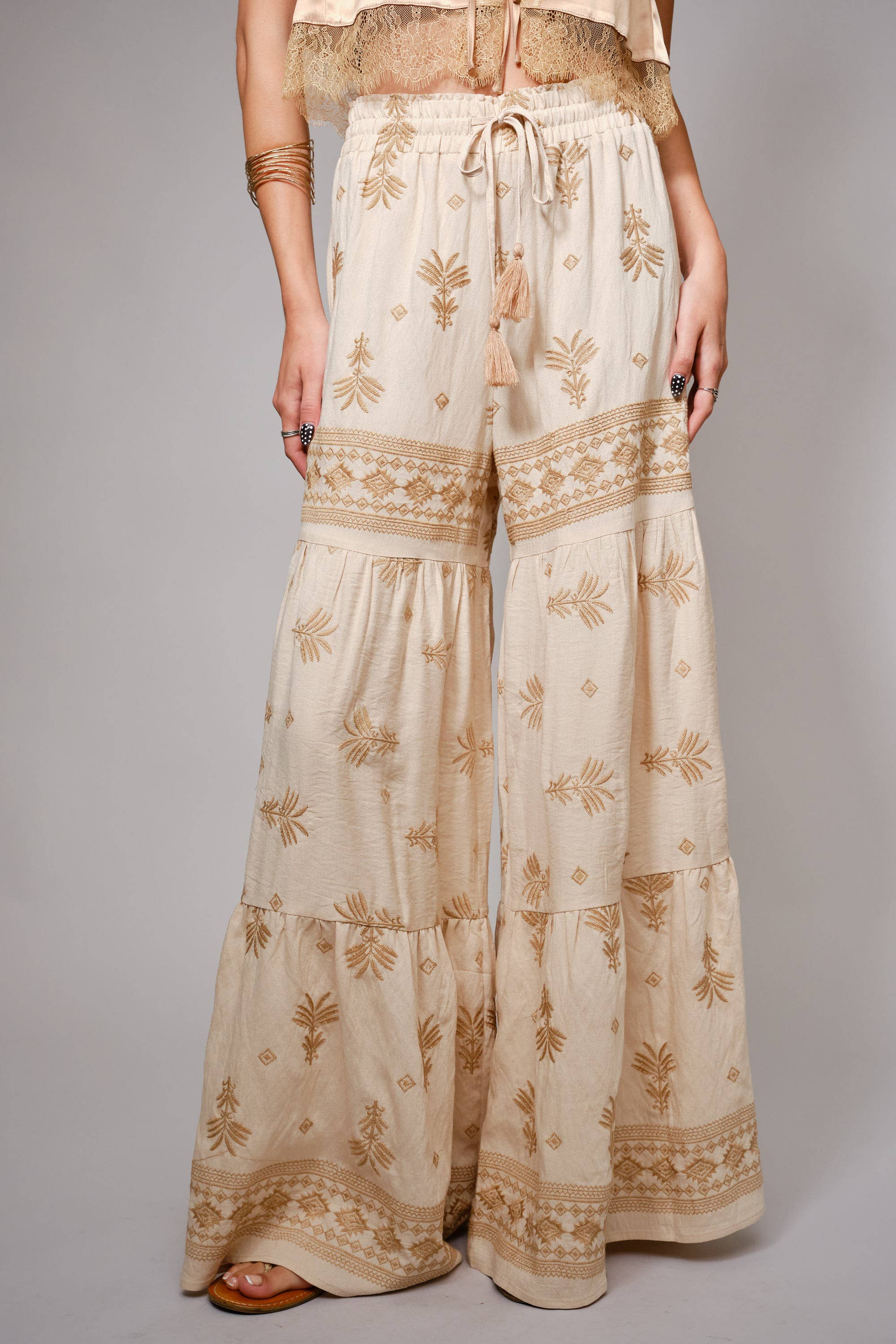 Blue B Embroidered Tassel Tie Front Tiered Palazzo Pants - Beige