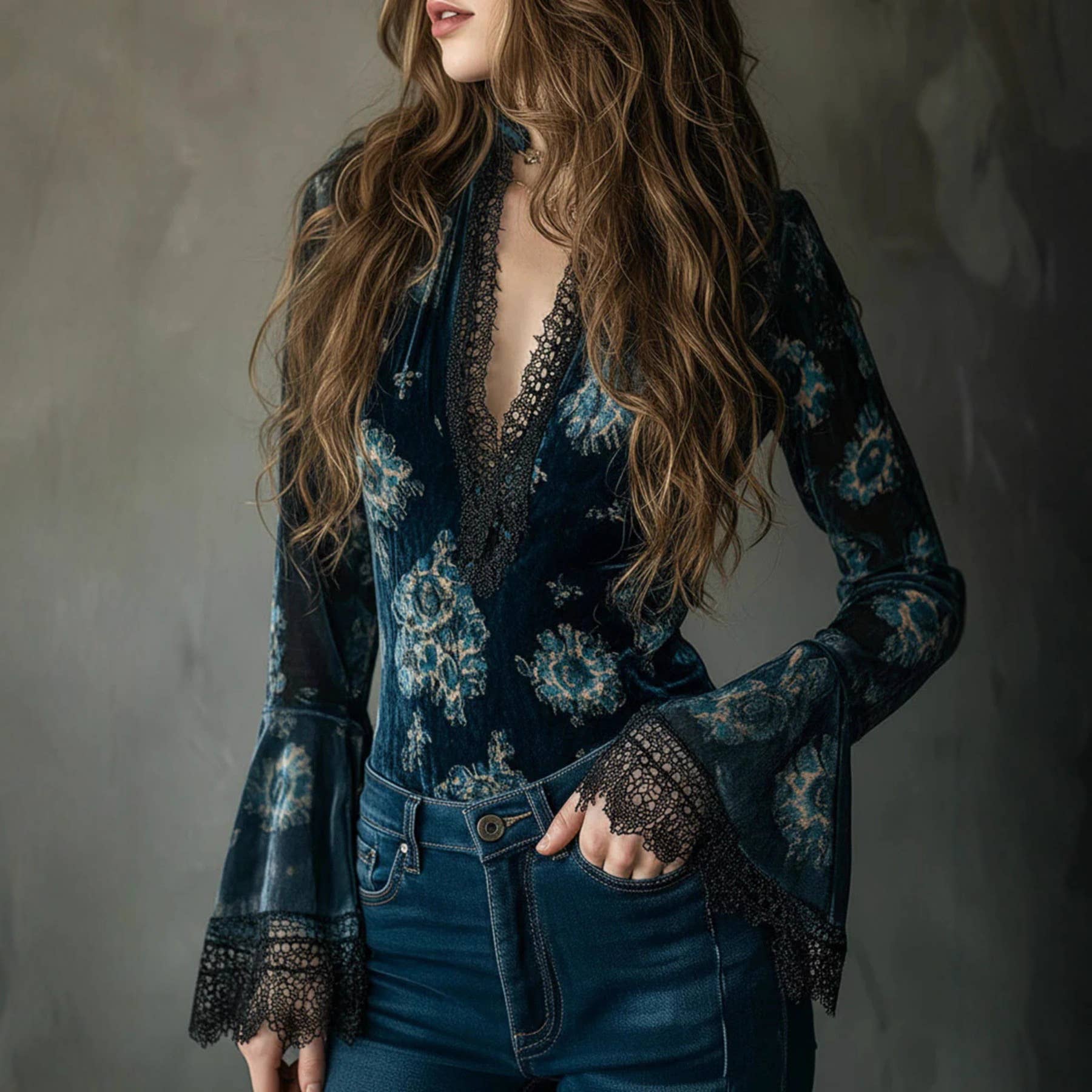 Rosa Clothing Floral Lace Trim Long Sleeve Blouse - Navy