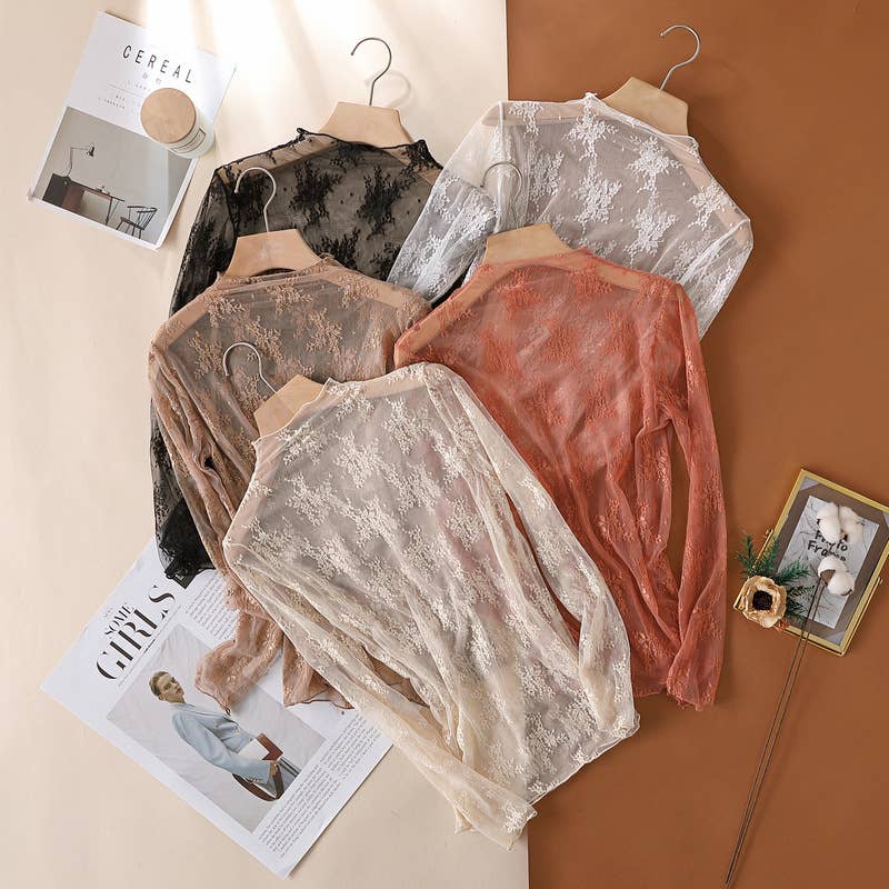 HIDDENBRAND Women's Floral Lace Sheer Mesh Layering See-Through Top - Rust