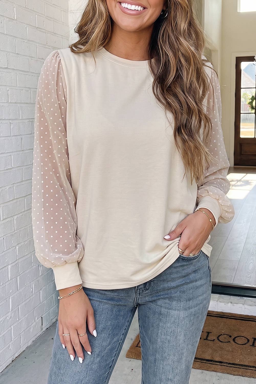 LA Society Las Polka Dot Bubble Sleeve Plus Size Blouse - Parchment
