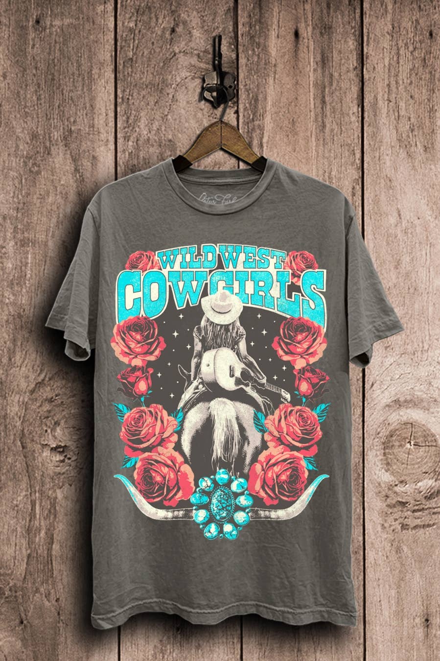 Lotus Fashion Collection Wild West Cowgirls Graphic Top - Stone Gray Mineral Wash