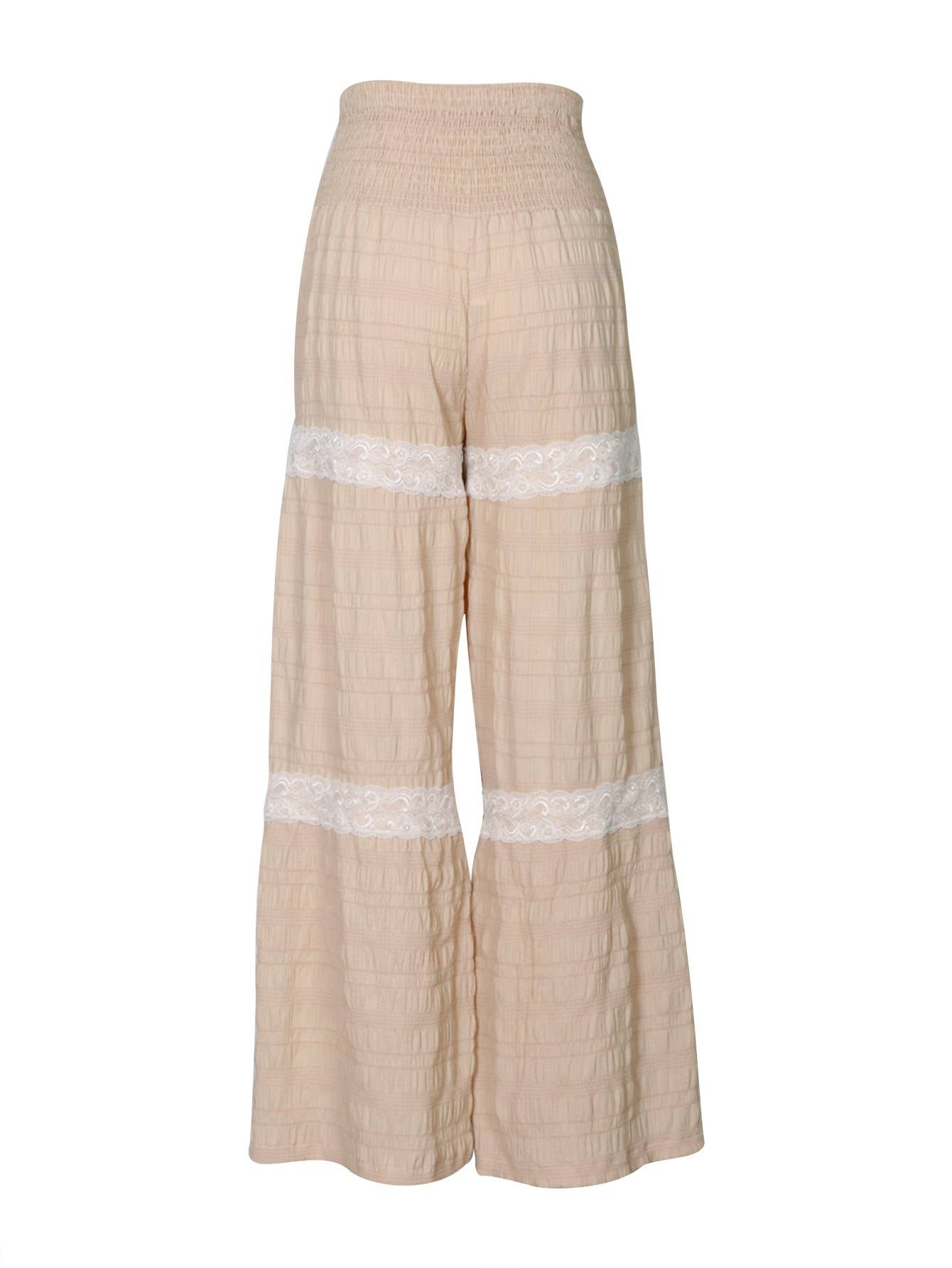 HIDDENBRAND Western High-Waist Elastic Pleated Lace Decor Pants - Apricot