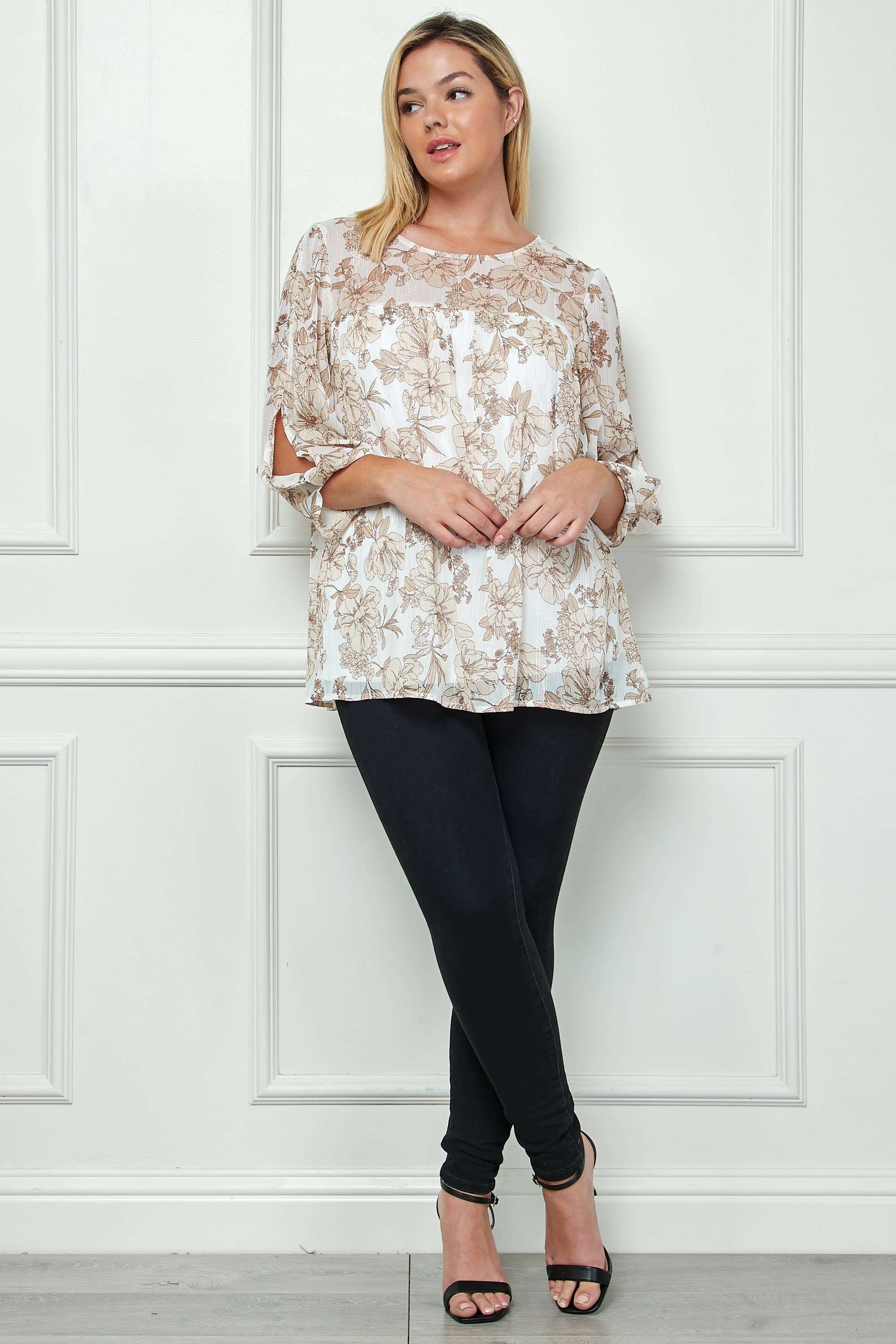 Winslow Collection Plus Size Front and Back Yoke Blouse - Ivory/Khaki/Tan