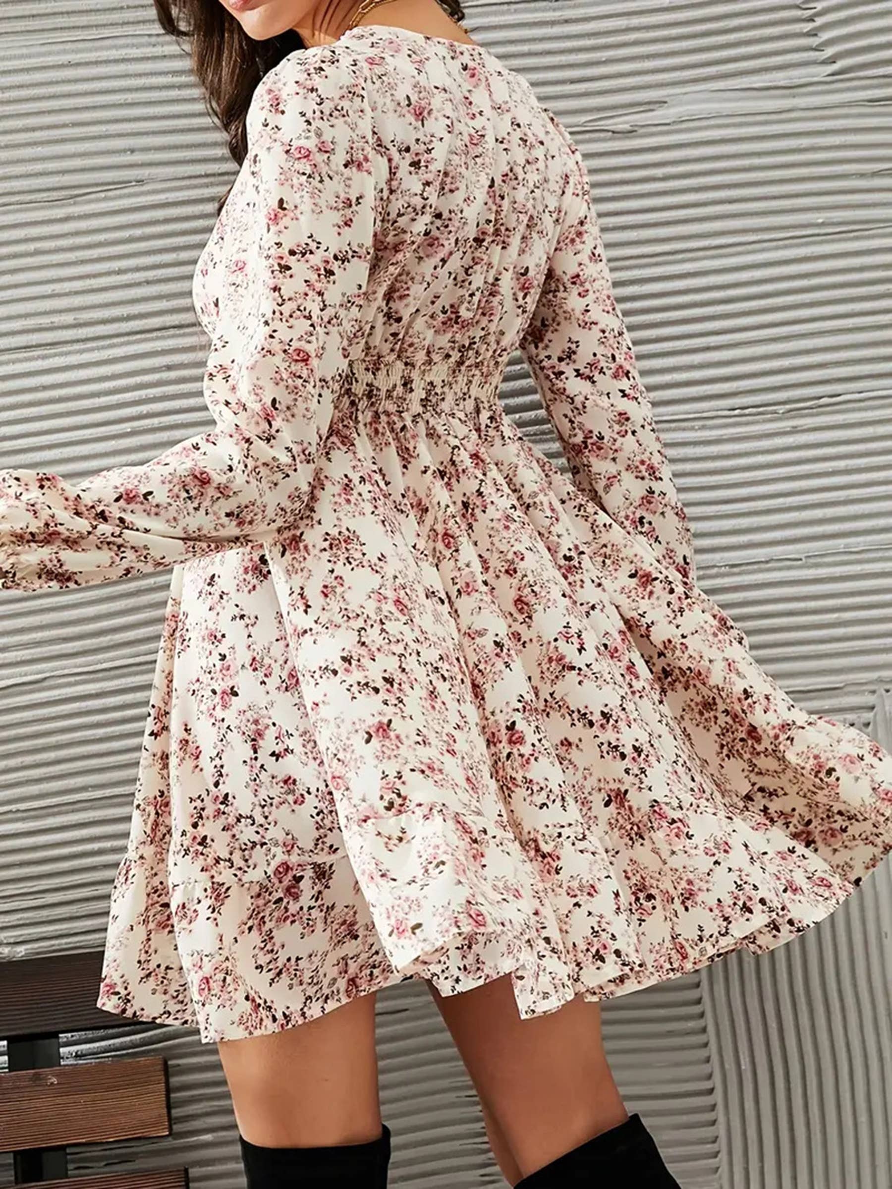 Collared Printed Long Sleeve Tie Waist Slit Dress - Beige