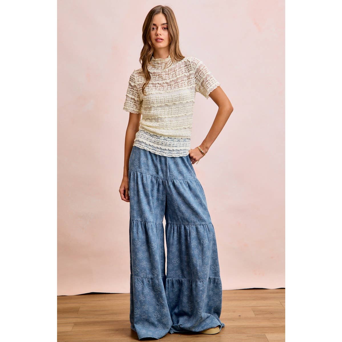 BiBi Floral Tiered Flare Denim Pants - Denim