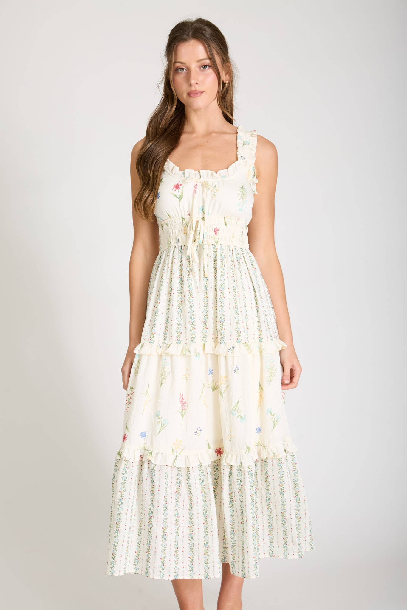 Blu Pepper Floral Colorblock Ruffled Tiered Midi Dress - Ivory Multi