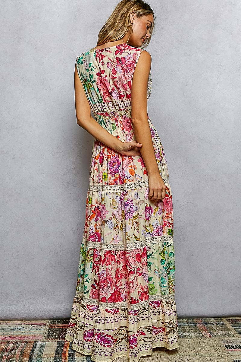 Pol Feminine V-Neck Smocked Waist Ruffle Floral Maxi Dress - Cream