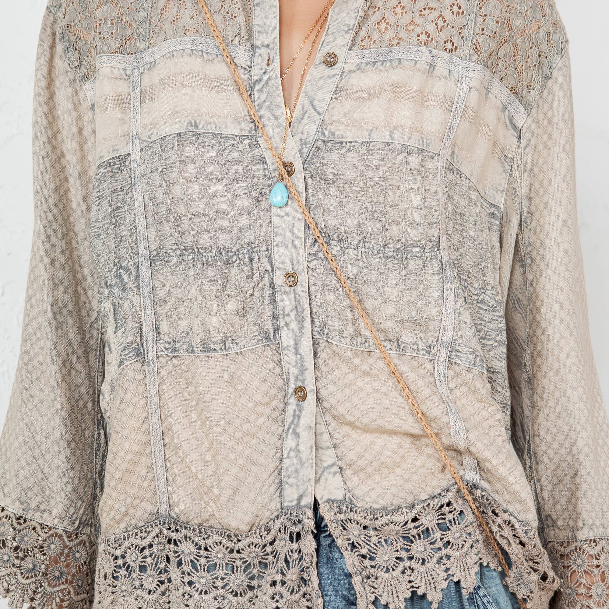 Young Threads Chic Lace Patch Shacket with White Shell Buttons - Latte