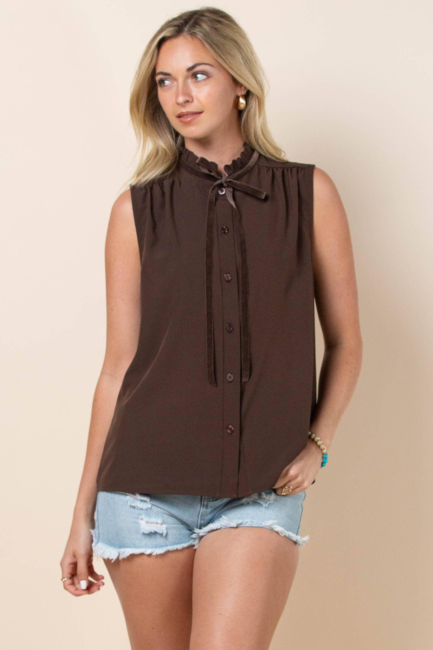 Avery Apparel Claire Solid Ruffled Collared Button-Down Blouse - Brown