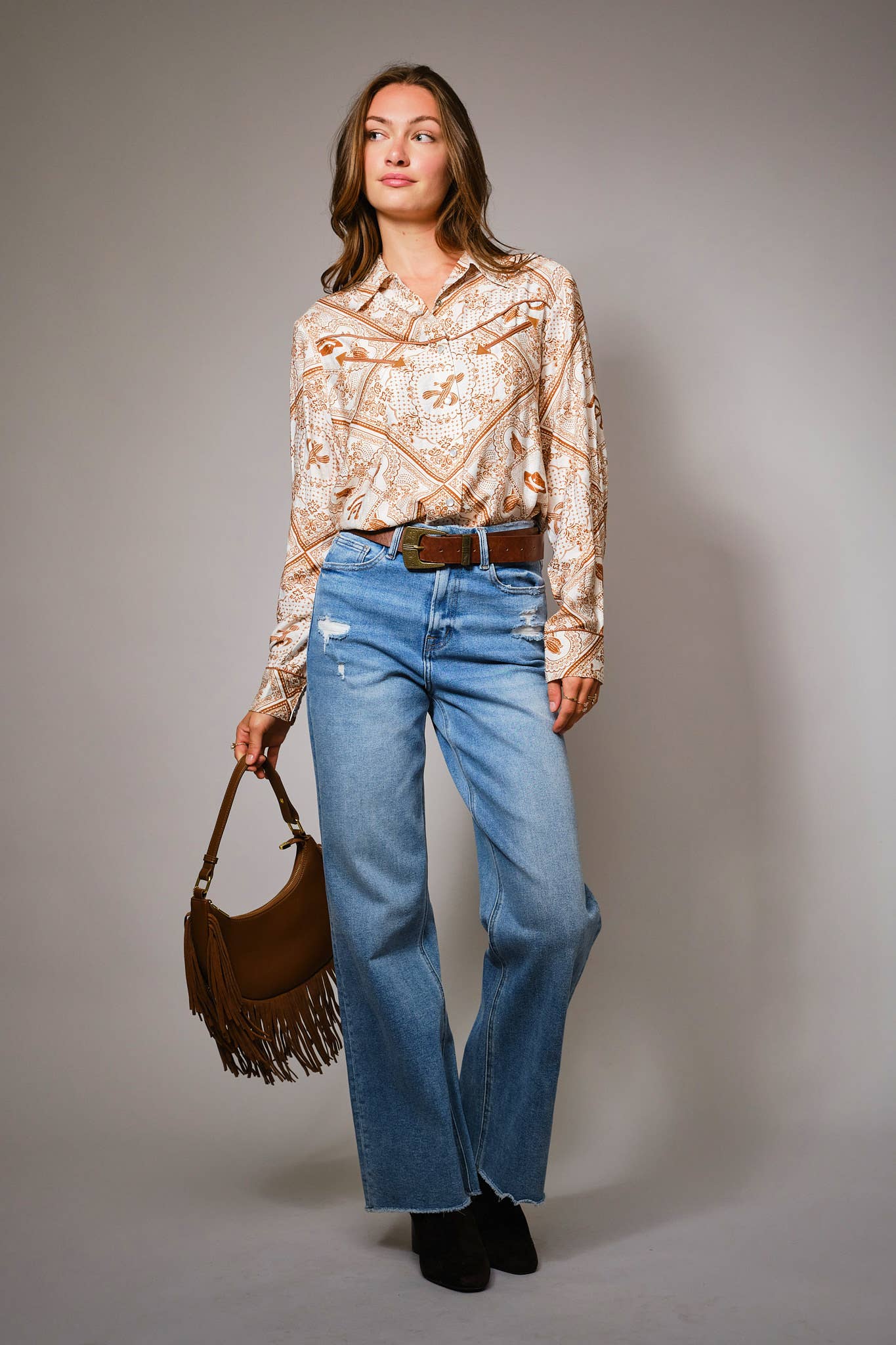 Blue B Western Printed Long Sleeve Button-Up Shirt - Off White Rust
