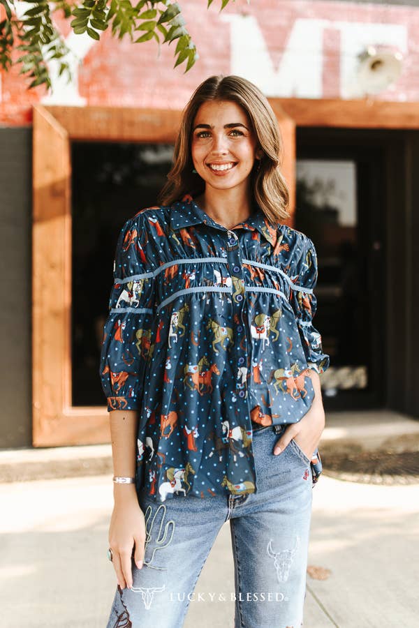 Lucky & Blessed Women's Plus Size Navy Western Horse Print Contrast Piping Blouse