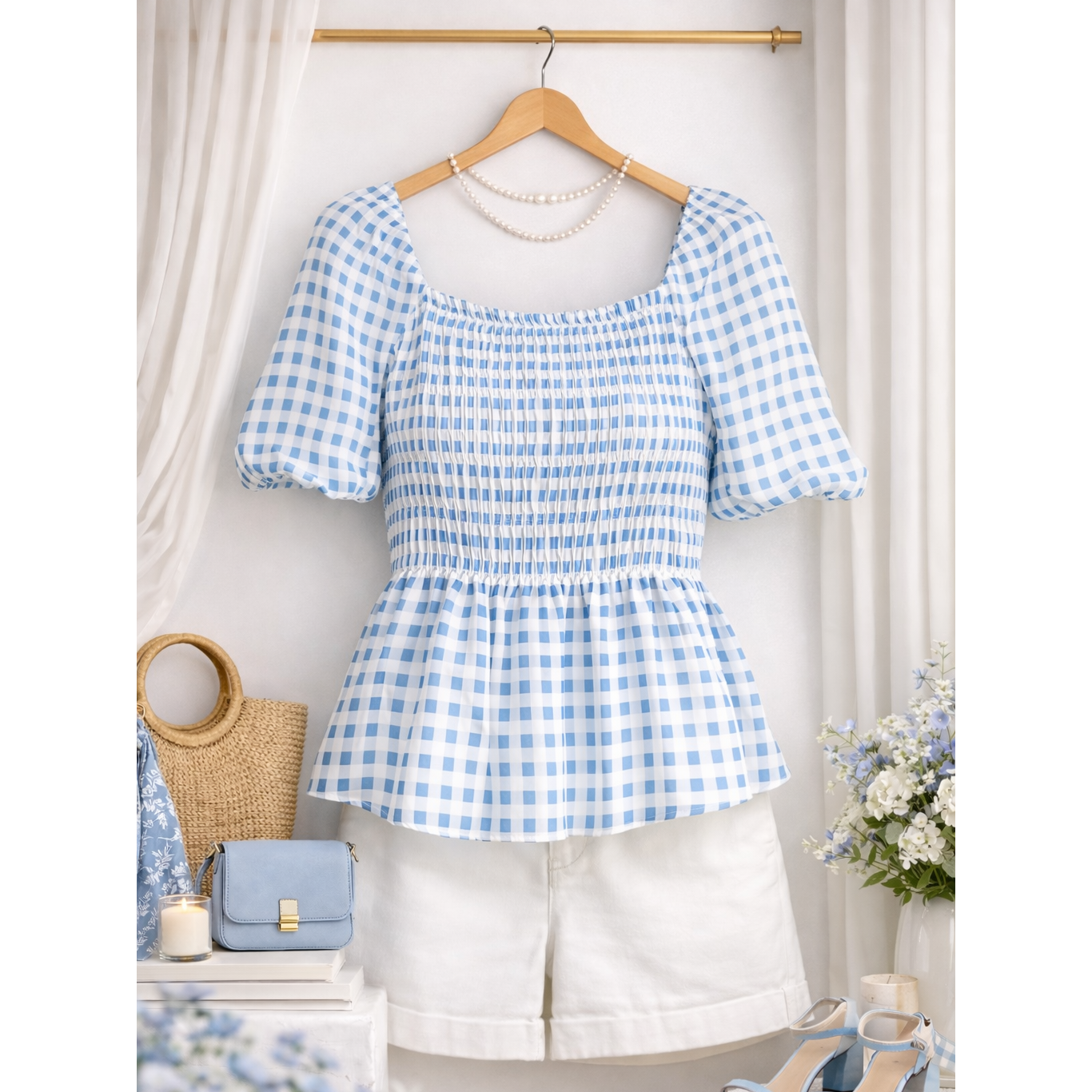 Winslow Collection Plus Size Puff Sleeve Smock Baby Doll Top - Ivory/Denim
