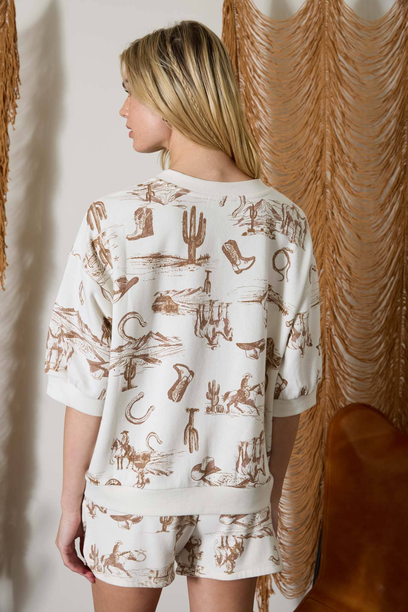 Blu Pepper Western Print Short Sleeve Drop Shoulder Knit Top - Cream Multi