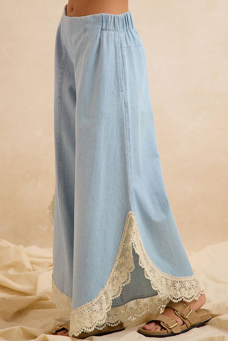 BiBi Wide Leg Crochet Lace with Tulip Hem Jeans - Denim