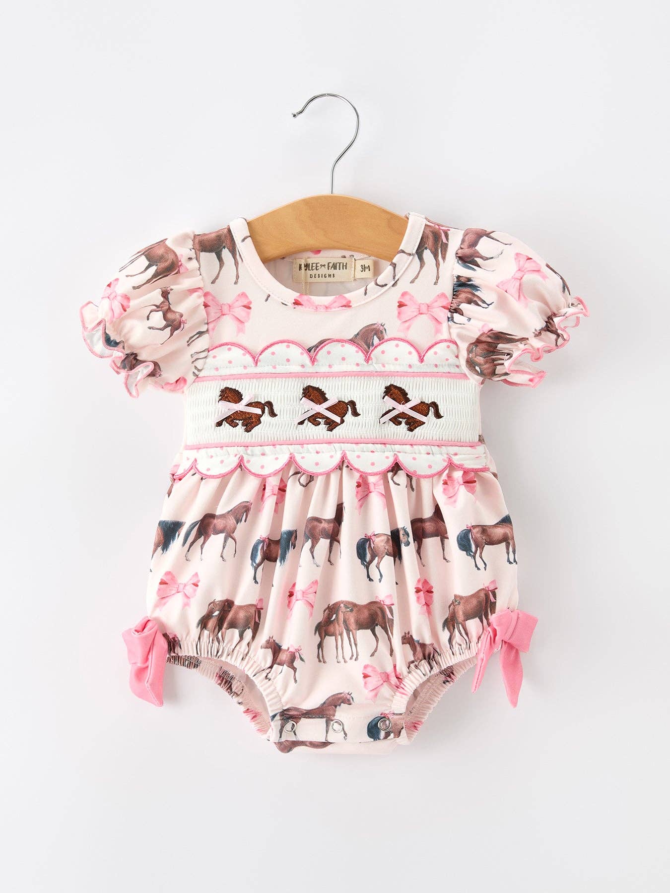 Rylee Faith Designs Western Horse Smocked Girls Romper Bow Ruffle Short Sleeve