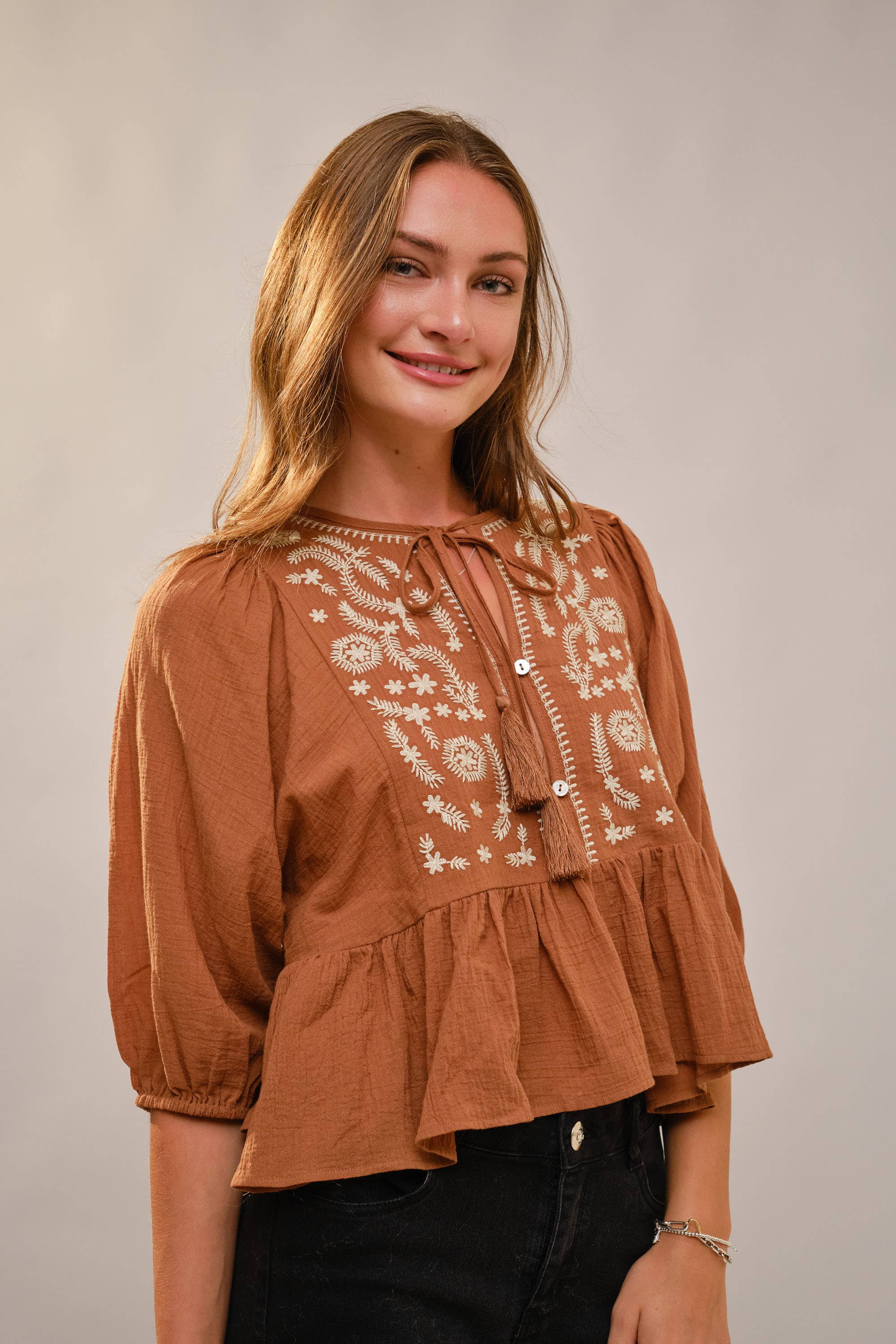 Blue B 3/4 Puff Sleeve Embroidered Peplum Blouse - Brown
