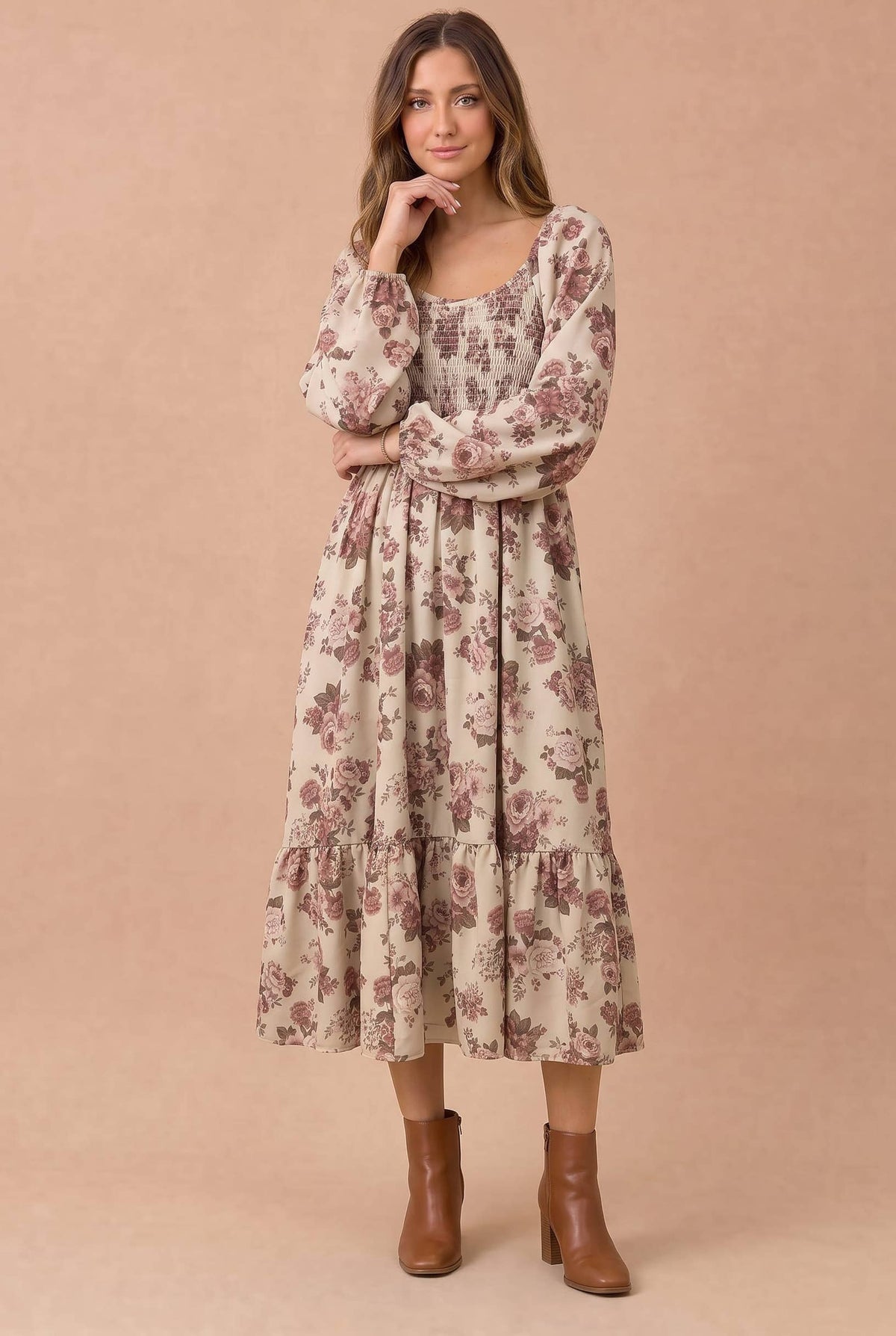 Haptics Women's Floral Smocked Tiered Midi Dress