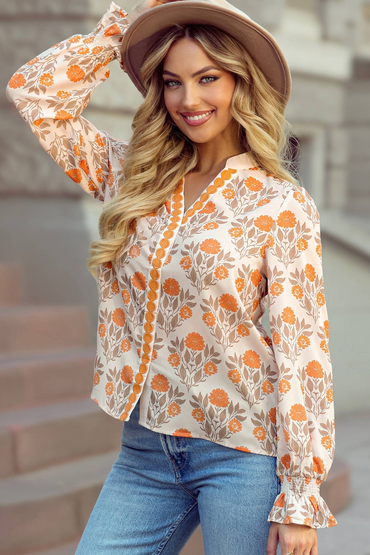 1 the Woman Floral Print V Neck Long Sleeve Casual Shift Blouse - Orange